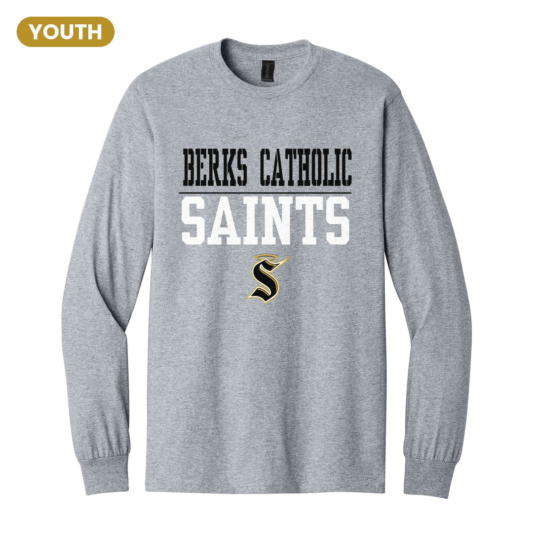 Berks Catholic Saints Split Block youth long sleeve t-shirt in Sport Grey: BERKS CATHOLIC over a thin rule, big SAINTS block letters and the halo S