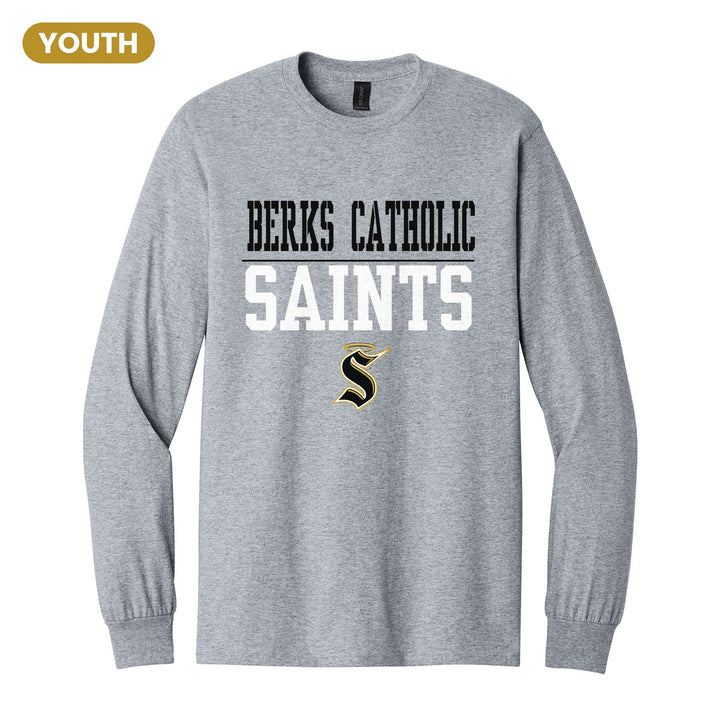 Berks Catholic Saints Split Block youth long sleeve t-shirt in Sport Grey: BERKS CATHOLIC over a thin rule, big SAINTS block letters and the halo S
