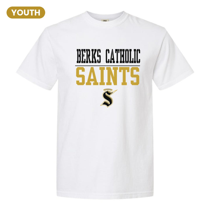 Berks Catholic Saints Split Block youth comfort colors t-shirt in White: BERKS CATHOLIC over a thin rule, big SAINTS block letters and the halo S