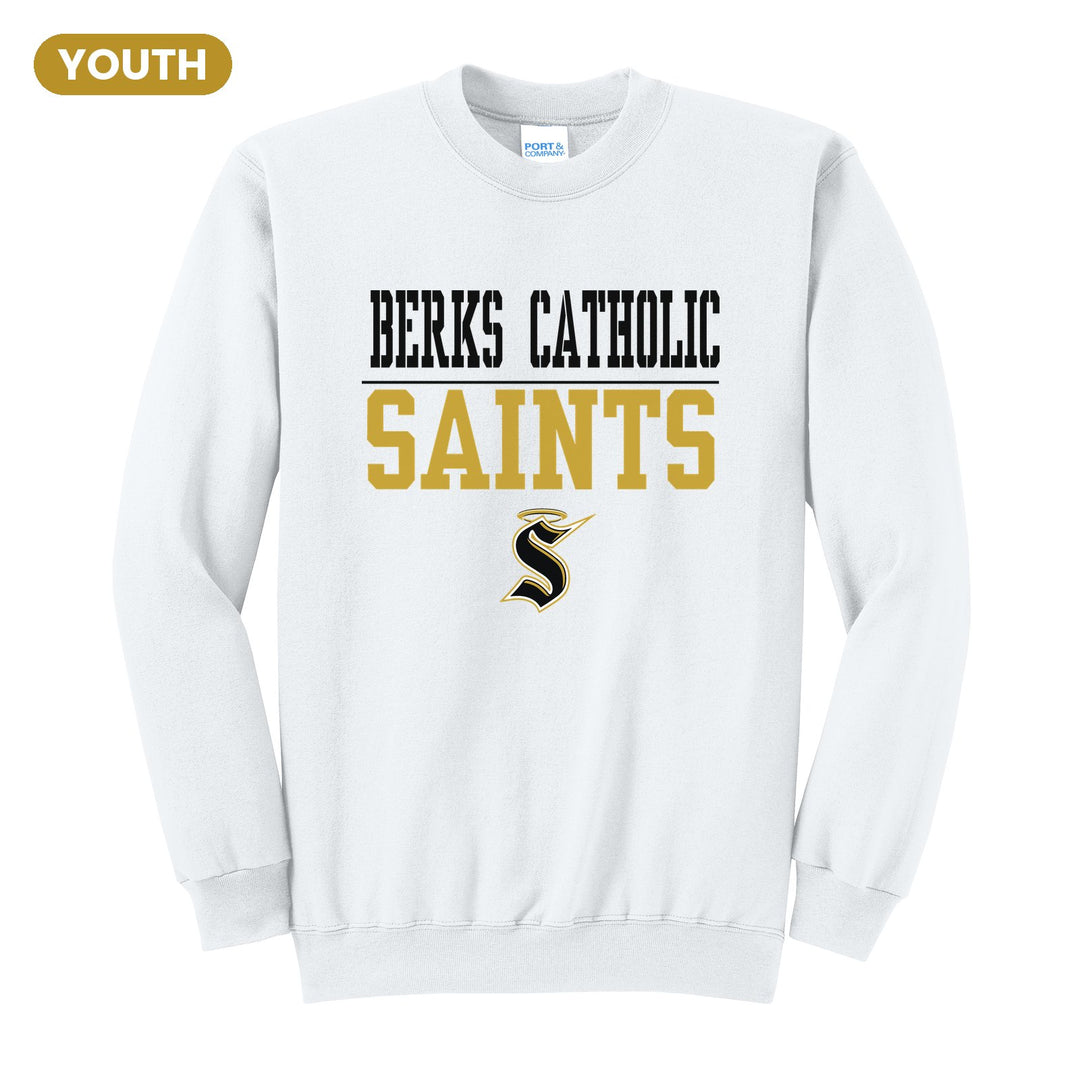 Berks Catholic Saints Split Block youth crewneck sweatshirt in White: BERKS CATHOLIC over a thin rule, big SAINTS block letters and the halo S