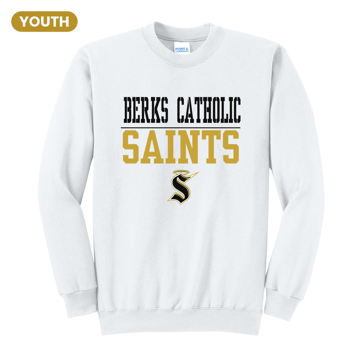 Berks Catholic Saints Split Block youth crewneck sweatshirt in White: BERKS CATHOLIC over a thin rule, big SAINTS block letters and the halo S
