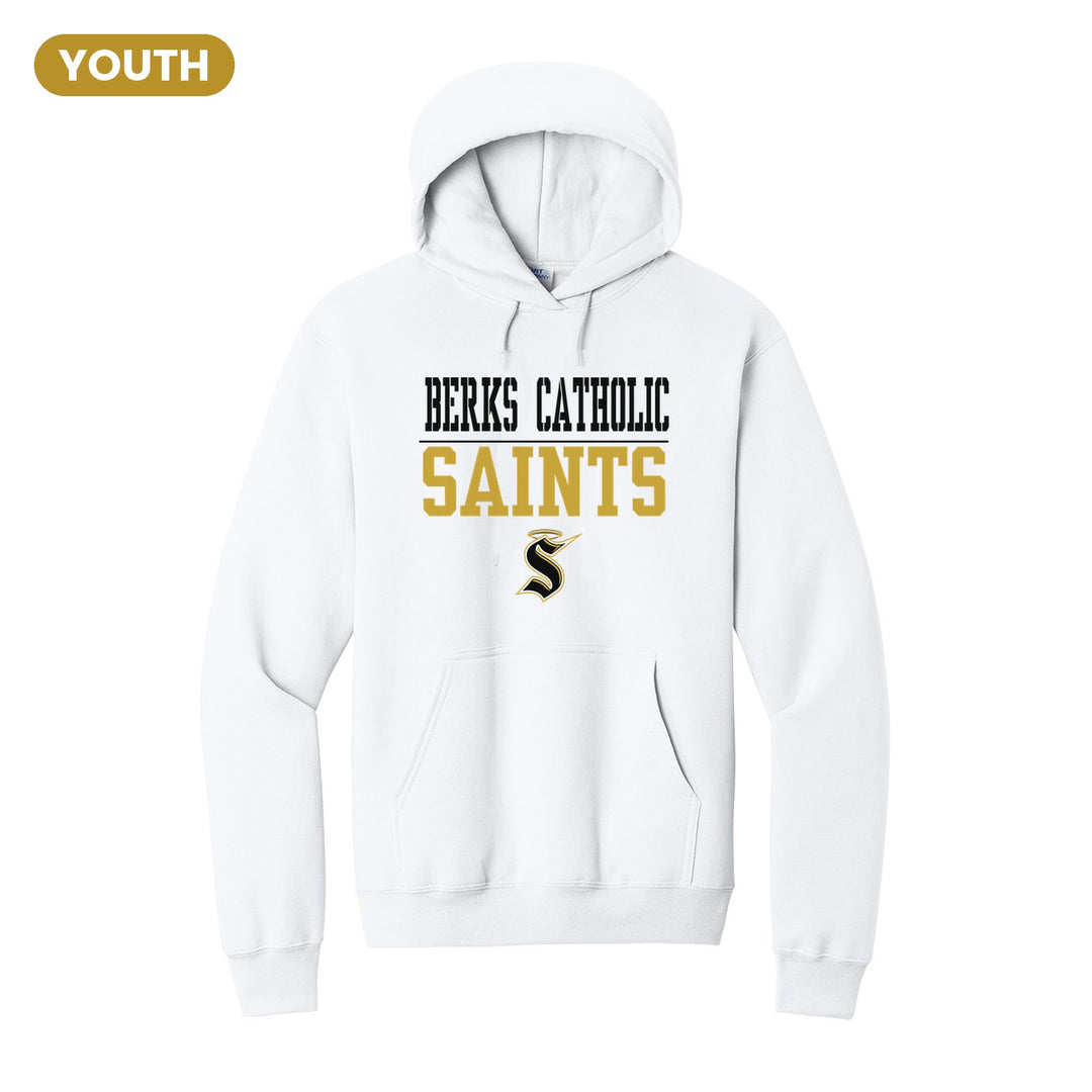 Berks Catholic Saints Split Block youth hoodie in White: BERKS CATHOLIC over a thin rule, big SAINTS block letters and the halo S