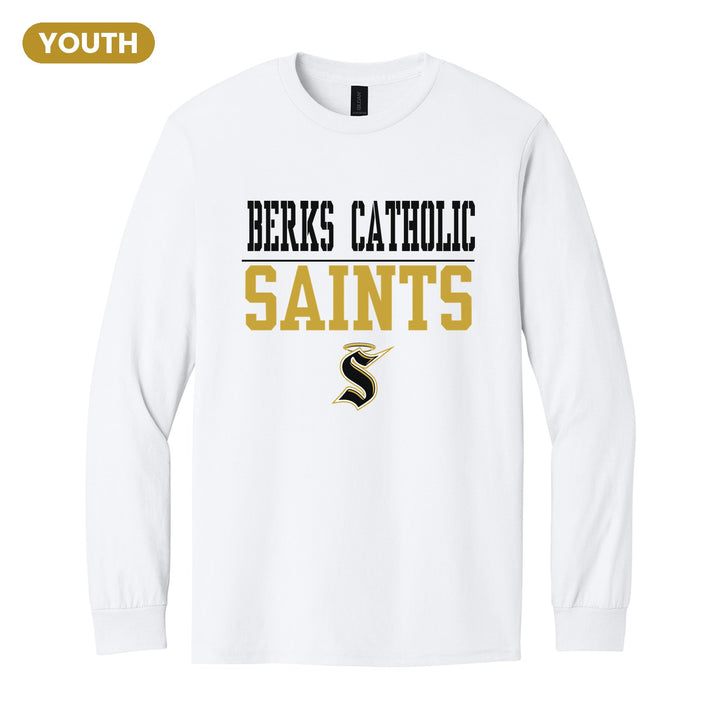 Berks Catholic Saints Split Block youth long sleeve t-shirt in White: BERKS CATHOLIC over a thin rule, big SAINTS block letters and the halo S