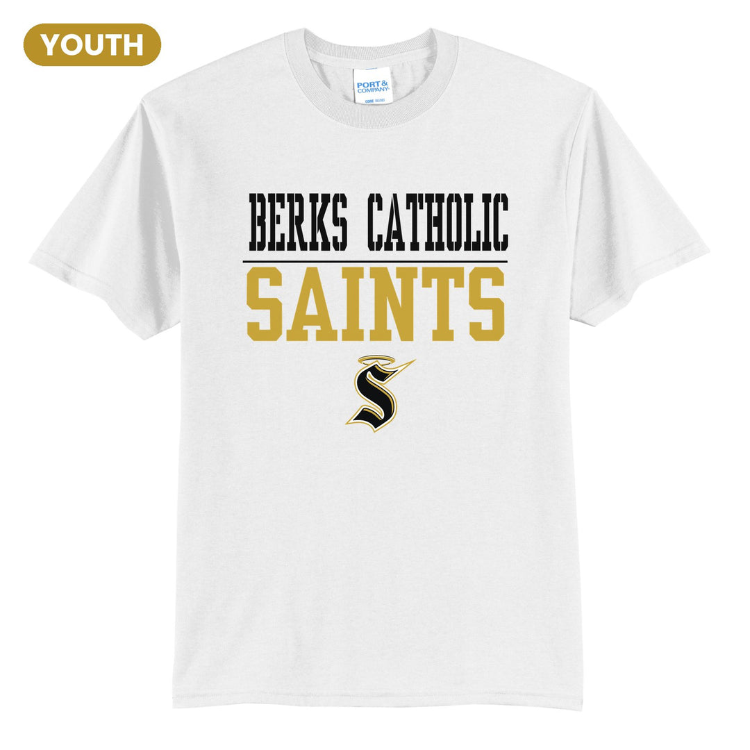 Berks Catholic Saints Split Block youth t-shirt in White: BERKS CATHOLIC over a thin rule, big SAINTS block letters and the halo S