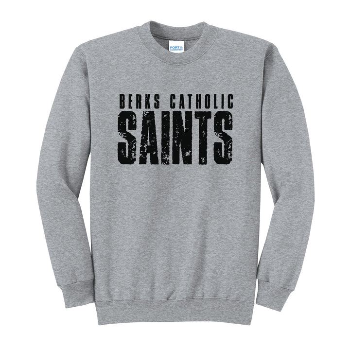 Berks Catholic Saints Distressed Block crewneck sweatshirt in Athletic Heather: BERKS CATHOLIC over tall, distressed SAINTS lettering