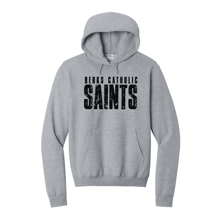Berks Catholic Saints Distressed Block hoodie in Athletic Heather: BERKS CATHOLIC over tall, distressed SAINTS lettering