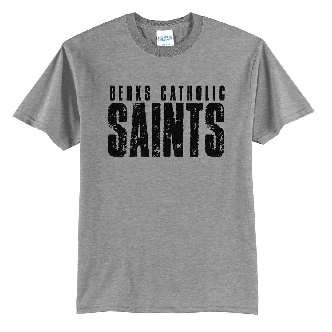 Berks Catholic Saints Distressed Block t-shirt in Athletic Heather: BERKS CATHOLIC over tall, distressed SAINTS lettering