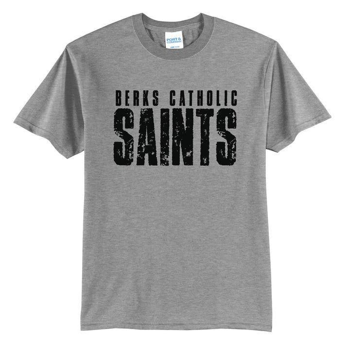 Berks Catholic Saints Distressed Block t-shirt in Athletic Heather: BERKS CATHOLIC over tall, distressed SAINTS lettering