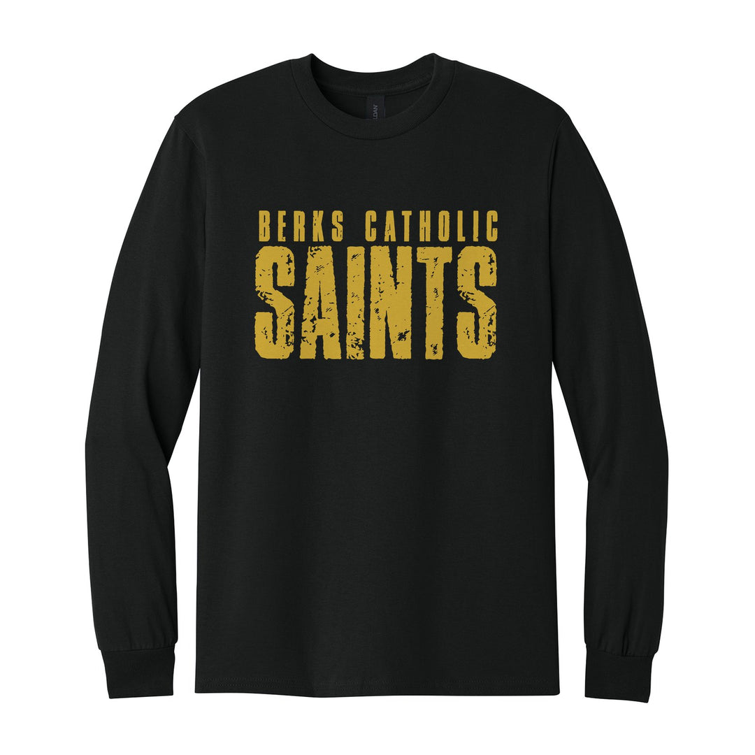 Berks Catholic Saints Distressed Block long sleeve t-shirt in Black: BERKS CATHOLIC over tall, distressed SAINTS lettering