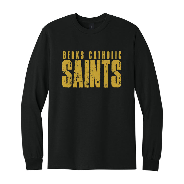 Berks Catholic Saints Distressed Block long sleeve t-shirt in Black: BERKS CATHOLIC over tall, distressed SAINTS lettering
