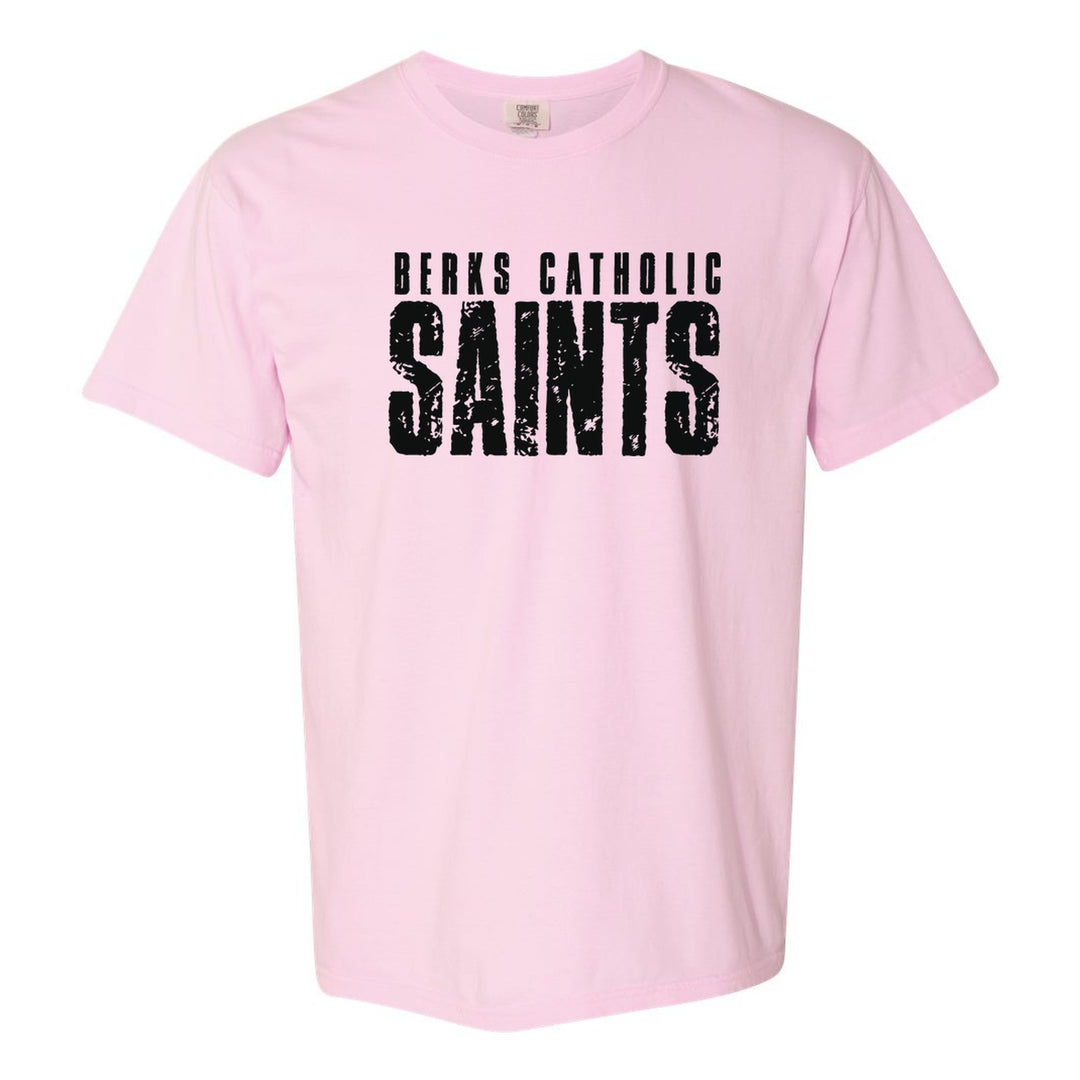 Berks Catholic Saints Distressed Block comfort colors t-shirt in Blossom: BERKS CATHOLIC over tall, distressed SAINTS lettering