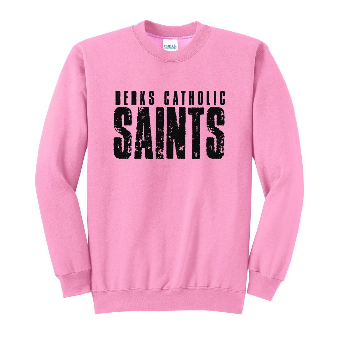 Berks Catholic Saints Distressed Block crewneck sweatshirt in Candy Pink: BERKS CATHOLIC over tall, distressed SAINTS lettering