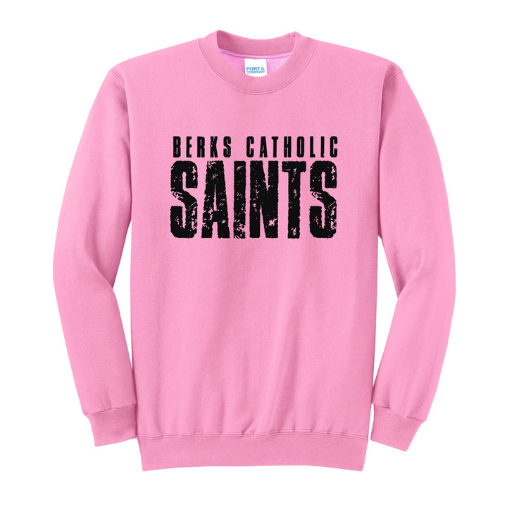 Berks Catholic Saints Distressed Block crewneck sweatshirt in Candy Pink: BERKS CATHOLIC over tall, distressed SAINTS lettering