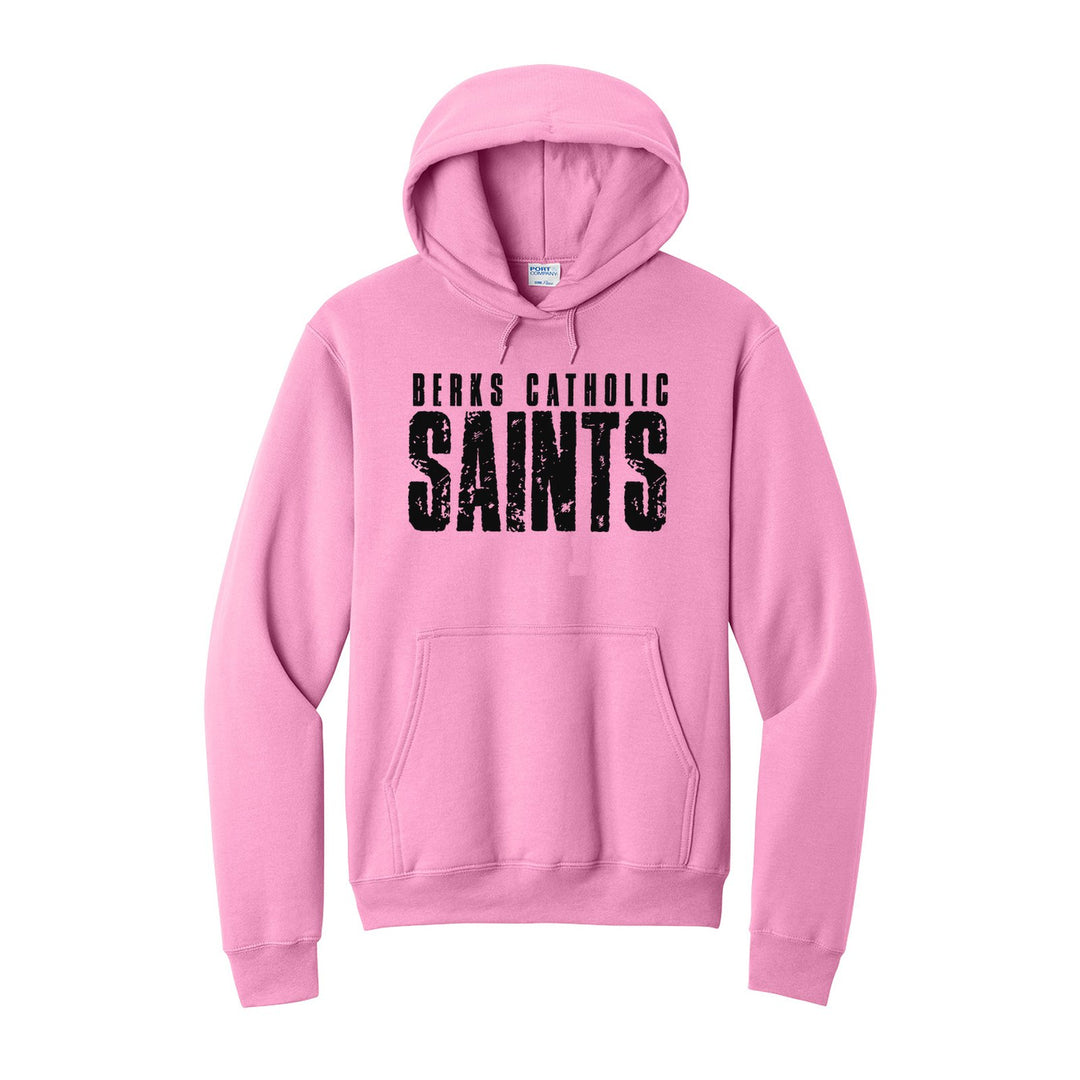 Berks Catholic Saints Distressed Block hoodie in Candy Pink: BERKS CATHOLIC over tall, distressed SAINTS lettering