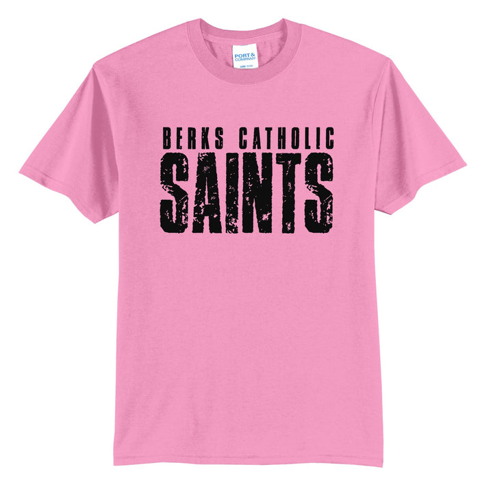 Berks Catholic Saints Distressed Block t-shirt in Candy Pink: BERKS CATHOLIC over tall, distressed SAINTS lettering
