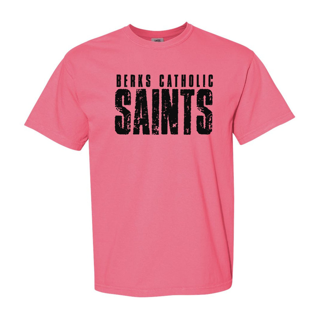 Berks Catholic Saints Distressed Block comfort colors t-shirt in Crunchberry: BERKS CATHOLIC over tall, distressed SAINTS lettering