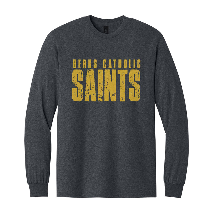 Berks Catholic Saints Distressed Block long sleeve t-shirt in Dark Heather: BERKS CATHOLIC over tall, distressed SAINTS lettering