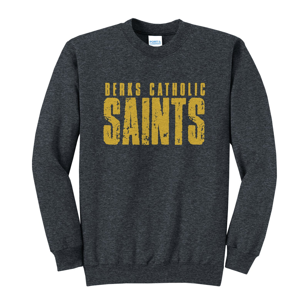 Berks Catholic Saints Distressed Block crewneck sweatshirt in Dark Heather Grey: BERKS CATHOLIC over tall, distressed SAINTS lettering