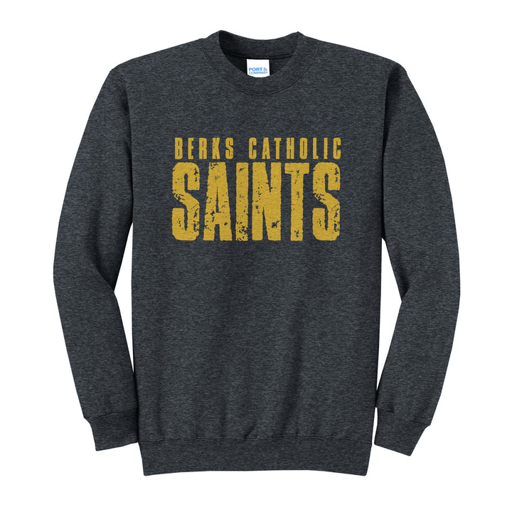 Berks Catholic Saints Distressed Block crewneck sweatshirt in Dark Heather Grey: BERKS CATHOLIC over tall, distressed SAINTS lettering