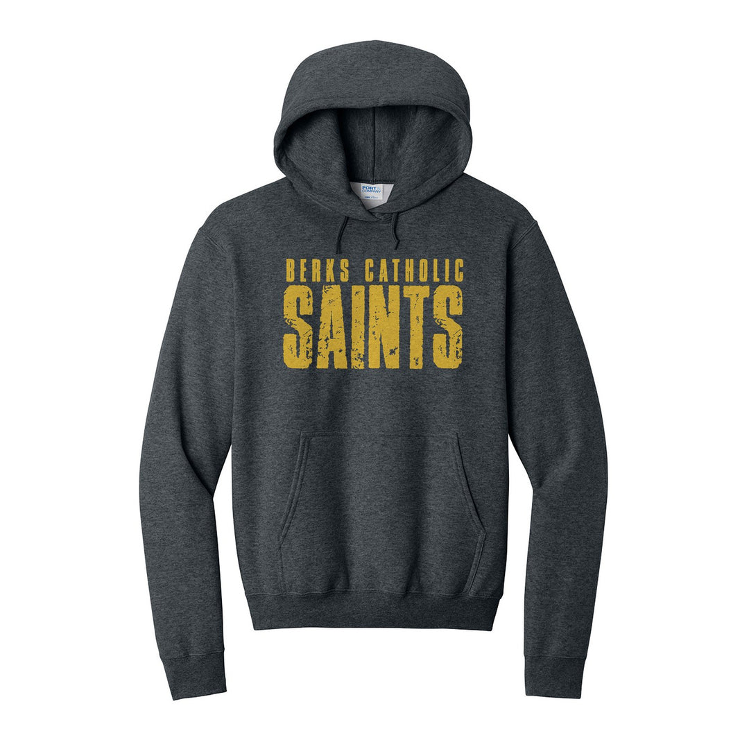 Berks Catholic Saints Distressed Block hoodie in Dark Heather Grey: BERKS CATHOLIC over tall, distressed SAINTS lettering