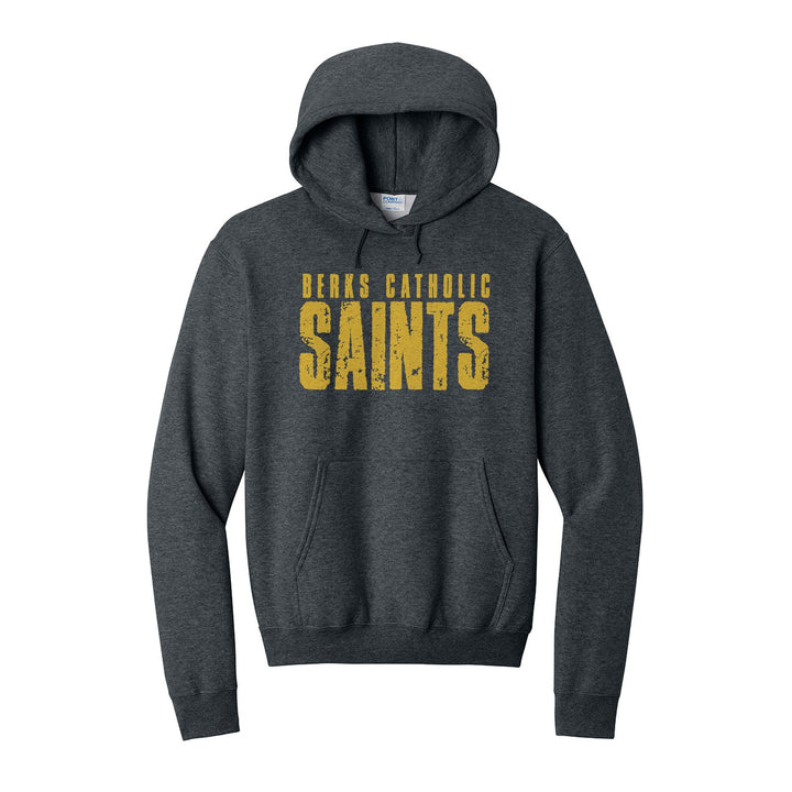 Berks Catholic Saints Distressed Block hoodie in Dark Heather Grey: BERKS CATHOLIC over tall, distressed SAINTS lettering