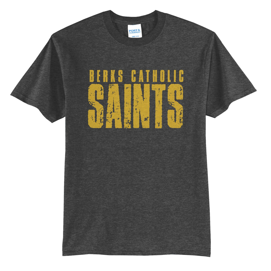 Berks Catholic Saints Distressed Block t-shirt in Dark Heather Grey: BERKS CATHOLIC over tall, distressed SAINTS lettering