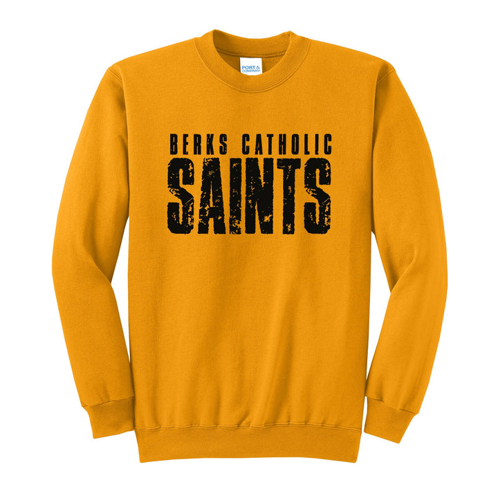 Berks Catholic Saints Distressed Block crewneck sweatshirt in Gold: BERKS CATHOLIC over tall, distressed SAINTS lettering