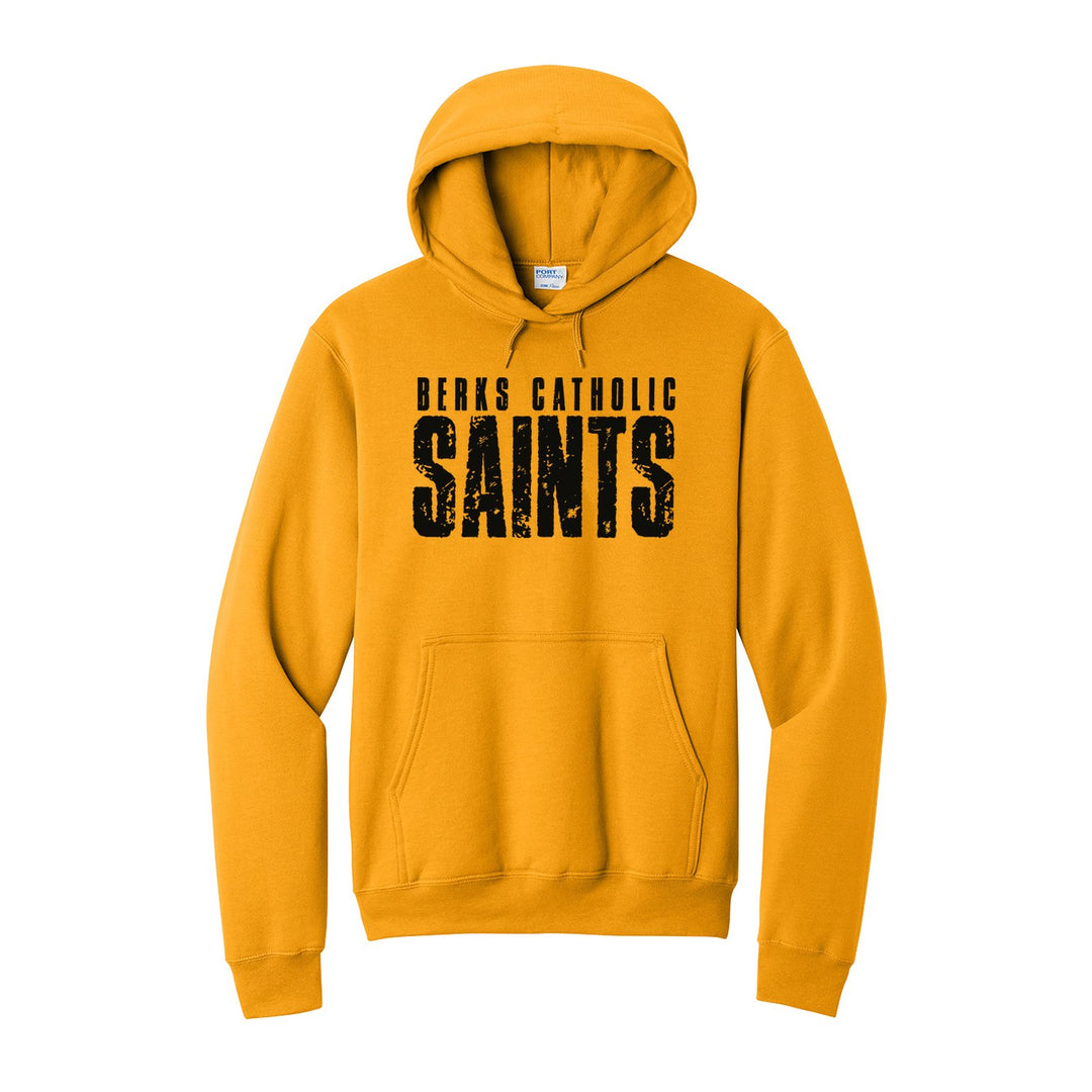 Berks Catholic Saints Distressed Block hoodie in Gold: BERKS CATHOLIC over tall, distressed SAINTS lettering