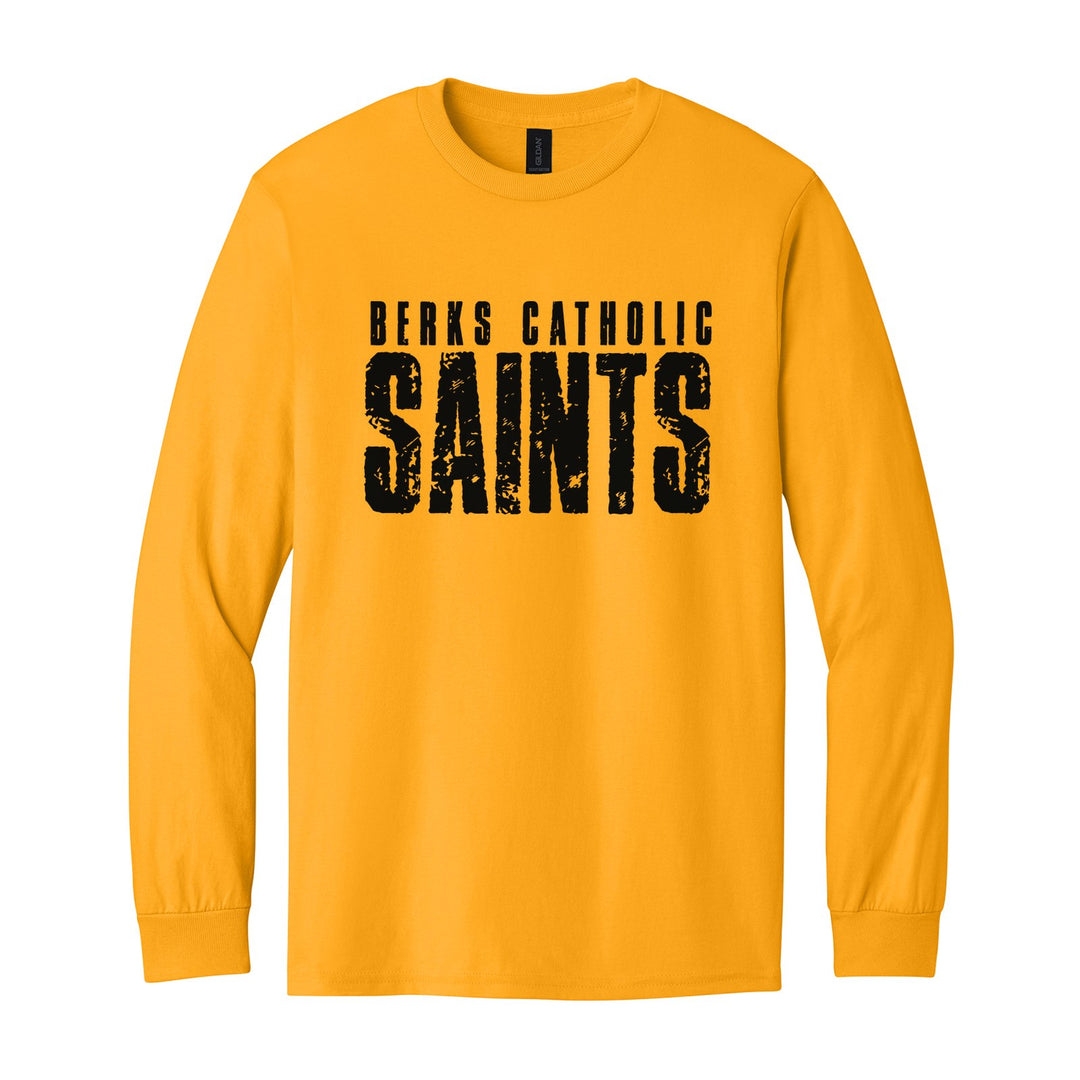 Berks Catholic Saints Distressed Block long sleeve t-shirt in Gold: BERKS CATHOLIC over tall, distressed SAINTS lettering