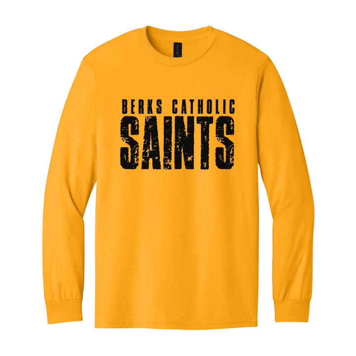 Berks Catholic Saints Distressed Block long sleeve t-shirt in Gold: BERKS CATHOLIC over tall, distressed SAINTS lettering