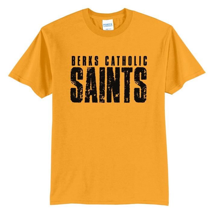 Berks Catholic Saints Distressed Block t-shirt in Gold: BERKS CATHOLIC over tall, distressed SAINTS lettering