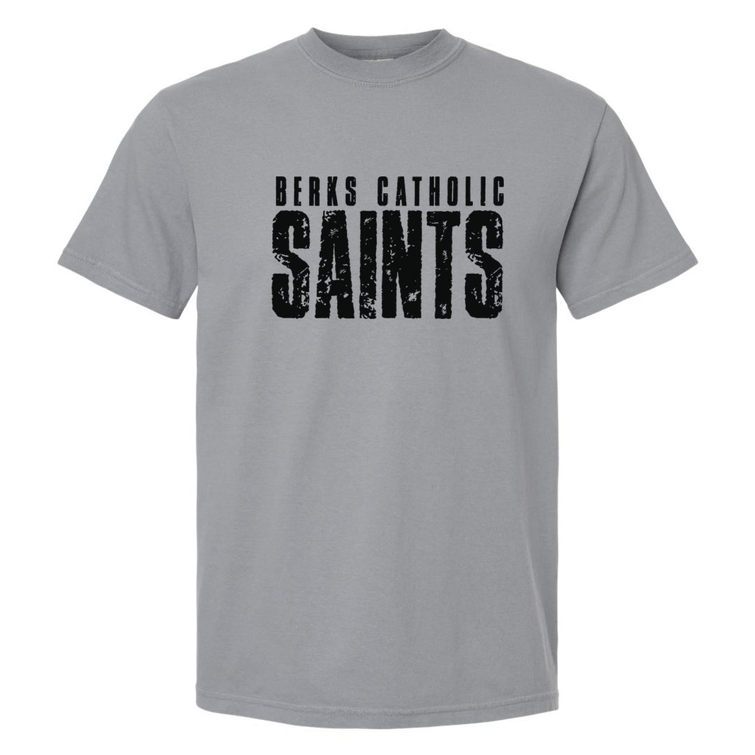 Berks Catholic Saints Distressed Block comfort colors t-shirt in Granite: BERKS CATHOLIC over tall, distressed SAINTS lettering