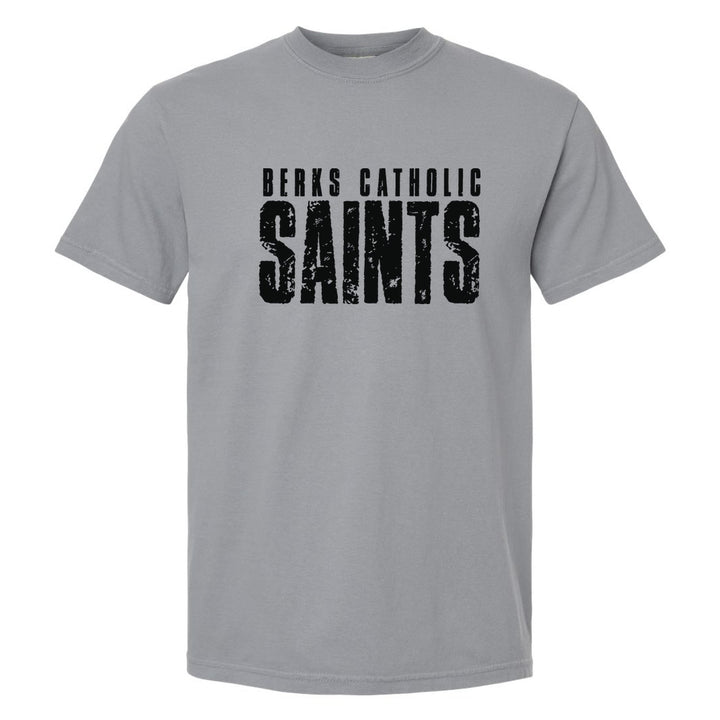 Berks Catholic Saints Distressed Block comfort colors t-shirt in Granite: BERKS CATHOLIC over tall, distressed SAINTS lettering