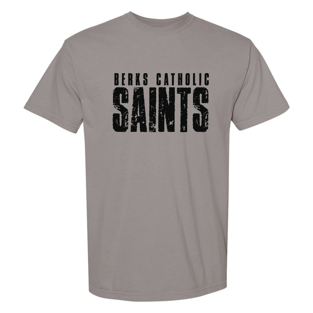 Berks Catholic Saints Distressed Block comfort colors t-shirt in Grey: BERKS CATHOLIC over tall, distressed SAINTS lettering