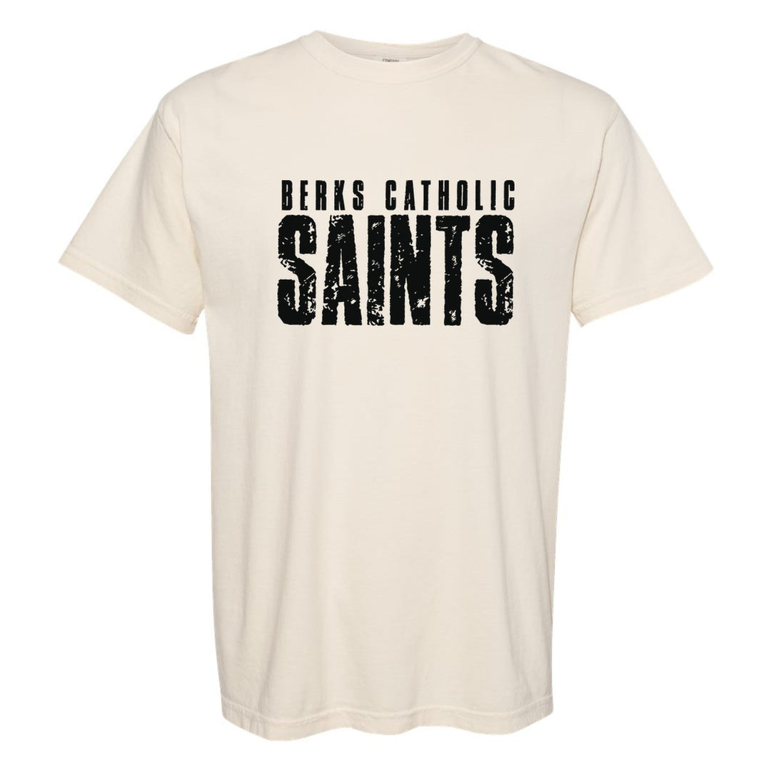 Berks Catholic Saints Distressed Block comfort colors t-shirt in Ivory: BERKS CATHOLIC over tall, distressed SAINTS lettering