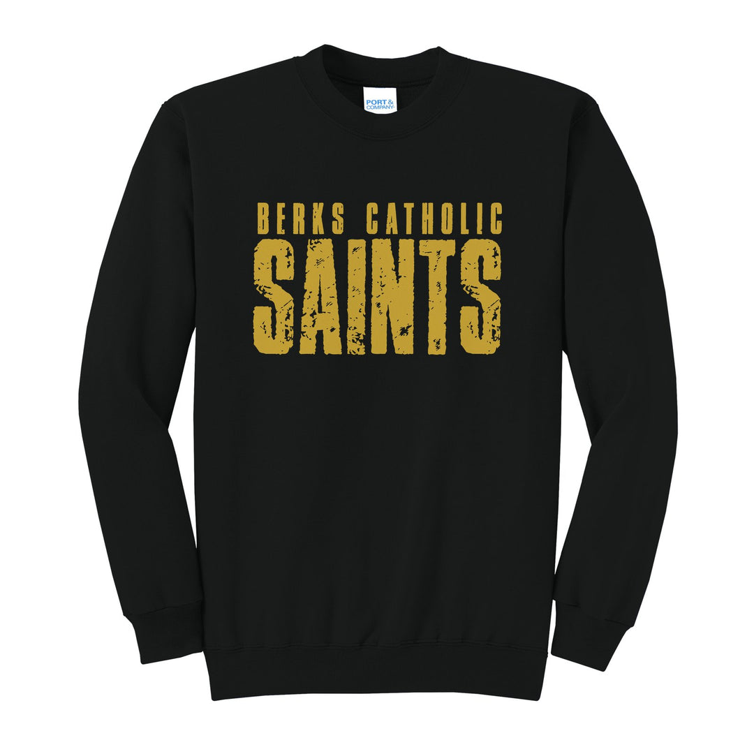 Berks Catholic Saints Distressed Block crewneck sweatshirt in Jet Black: BERKS CATHOLIC over tall, distressed SAINTS lettering