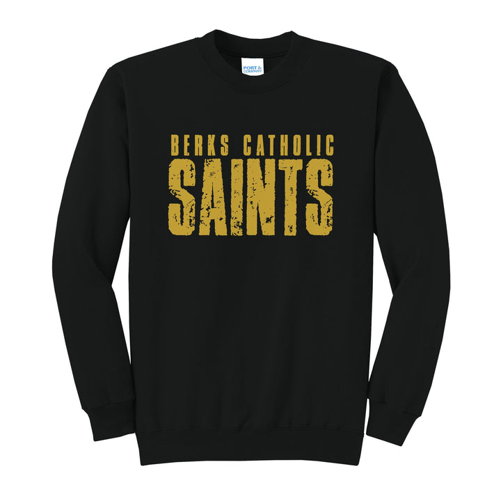 Berks Catholic Saints Distressed Block crewneck sweatshirt in Jet Black: BERKS CATHOLIC over tall, distressed SAINTS lettering