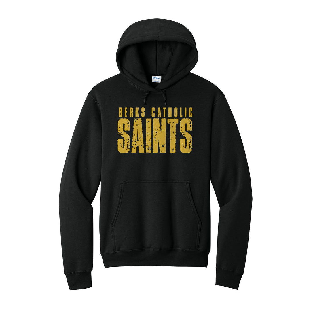 Berks Catholic Saints Distressed Block hoodie in Jet Black: BERKS CATHOLIC over tall, distressed SAINTS lettering
