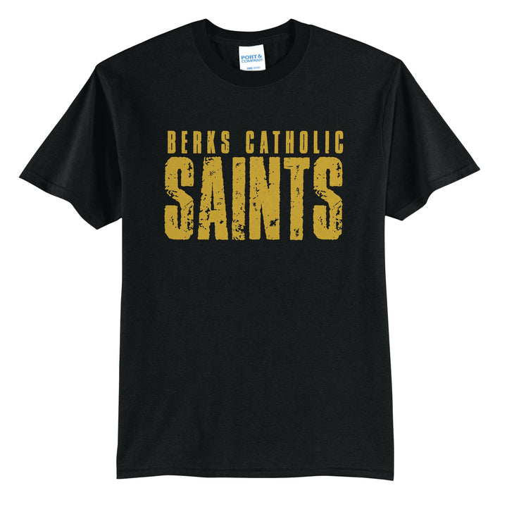 Berks Catholic Saints Distressed Block t-shirt in Jet Black: BERKS CATHOLIC over tall, distressed SAINTS lettering