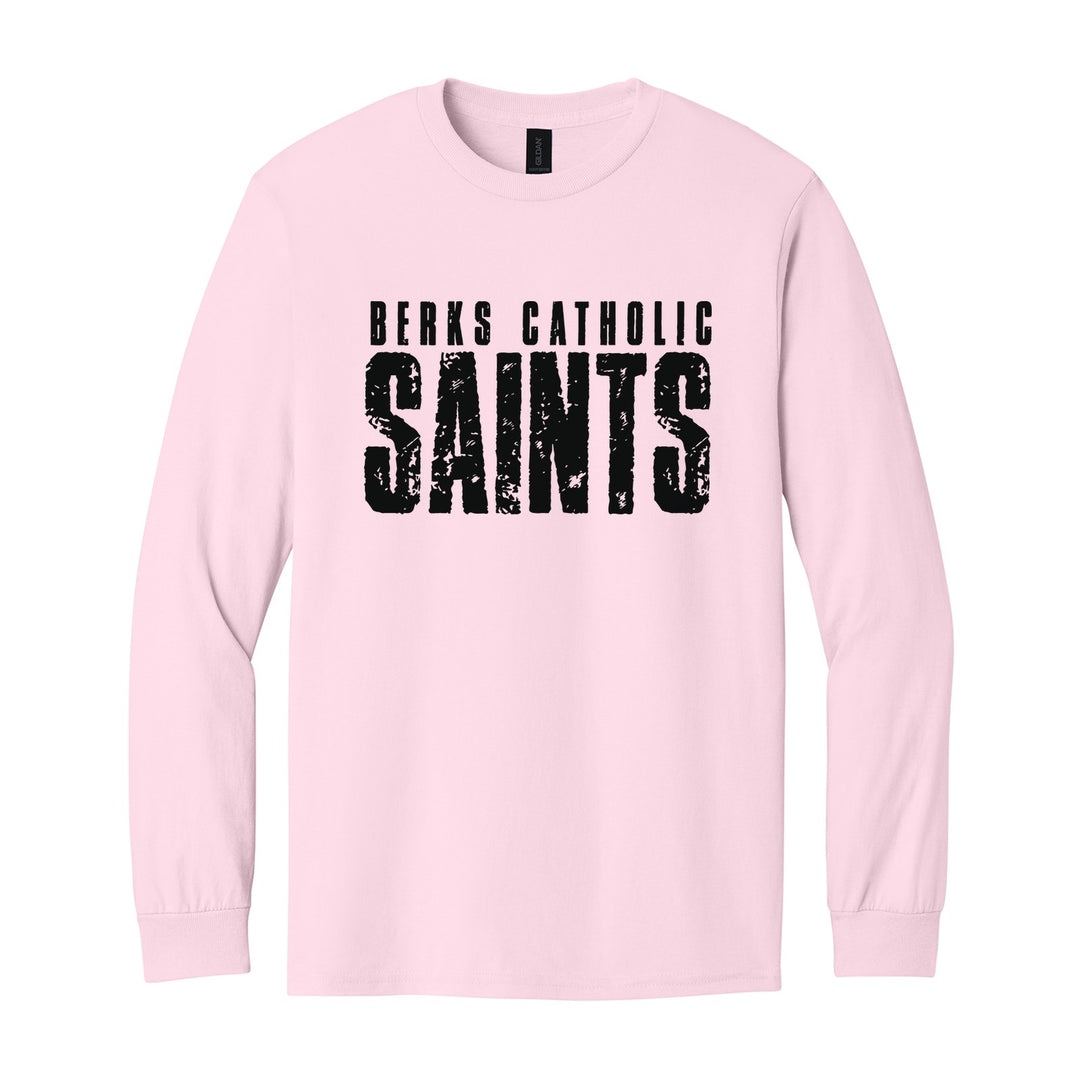Berks Catholic Saints Distressed Block long sleeve t-shirt in Light Pink: BERKS CATHOLIC over tall, distressed SAINTS lettering