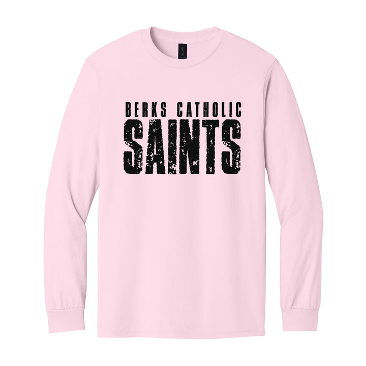 Berks Catholic Saints Distressed Block long sleeve t-shirt in Light Pink: BERKS CATHOLIC over tall, distressed SAINTS lettering