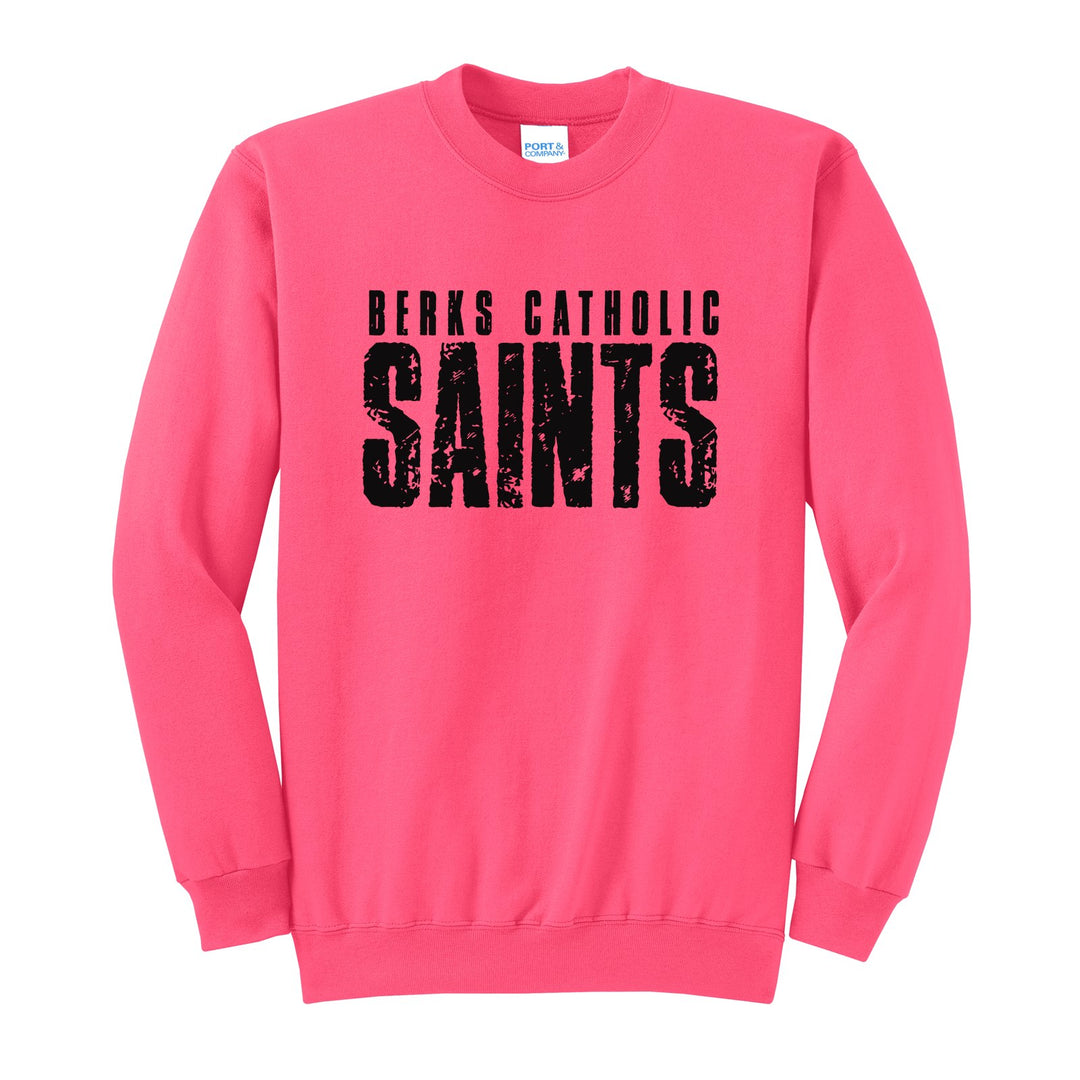 Berks Catholic Saints Distressed Block crewneck sweatshirt in Neon Pink: BERKS CATHOLIC over tall, distressed SAINTS lettering
