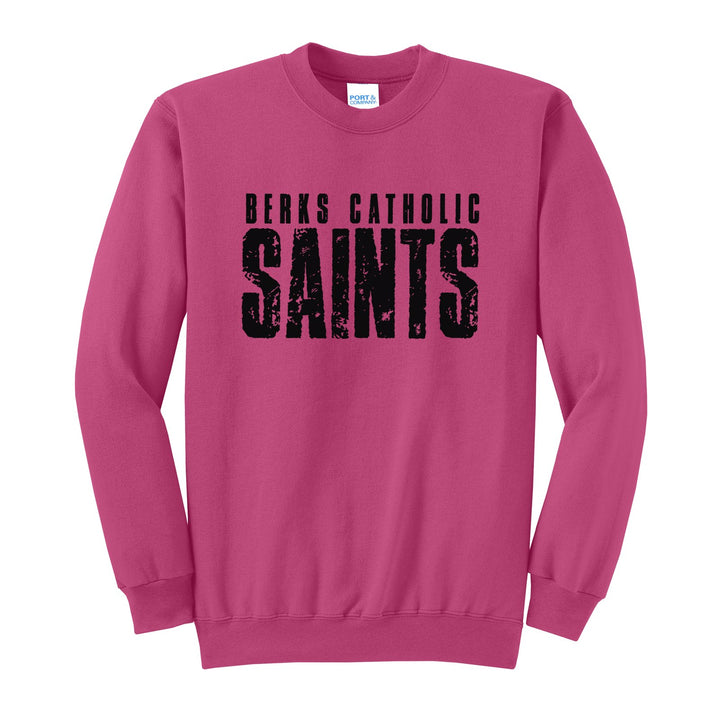Berks Catholic Saints Distressed Block crewneck sweatshirt in Sangria: BERKS CATHOLIC over tall, distressed SAINTS lettering