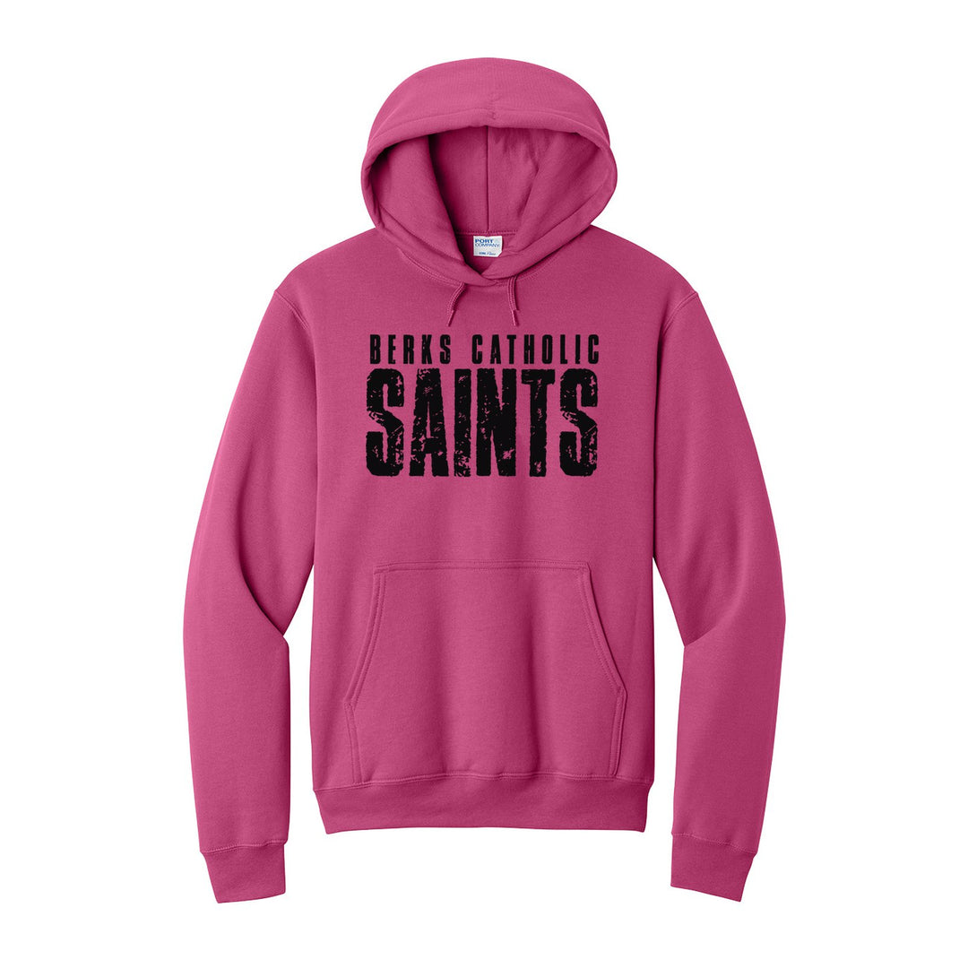 Berks Catholic Saints Distressed Block hoodie in Sangria: BERKS CATHOLIC over tall, distressed SAINTS lettering