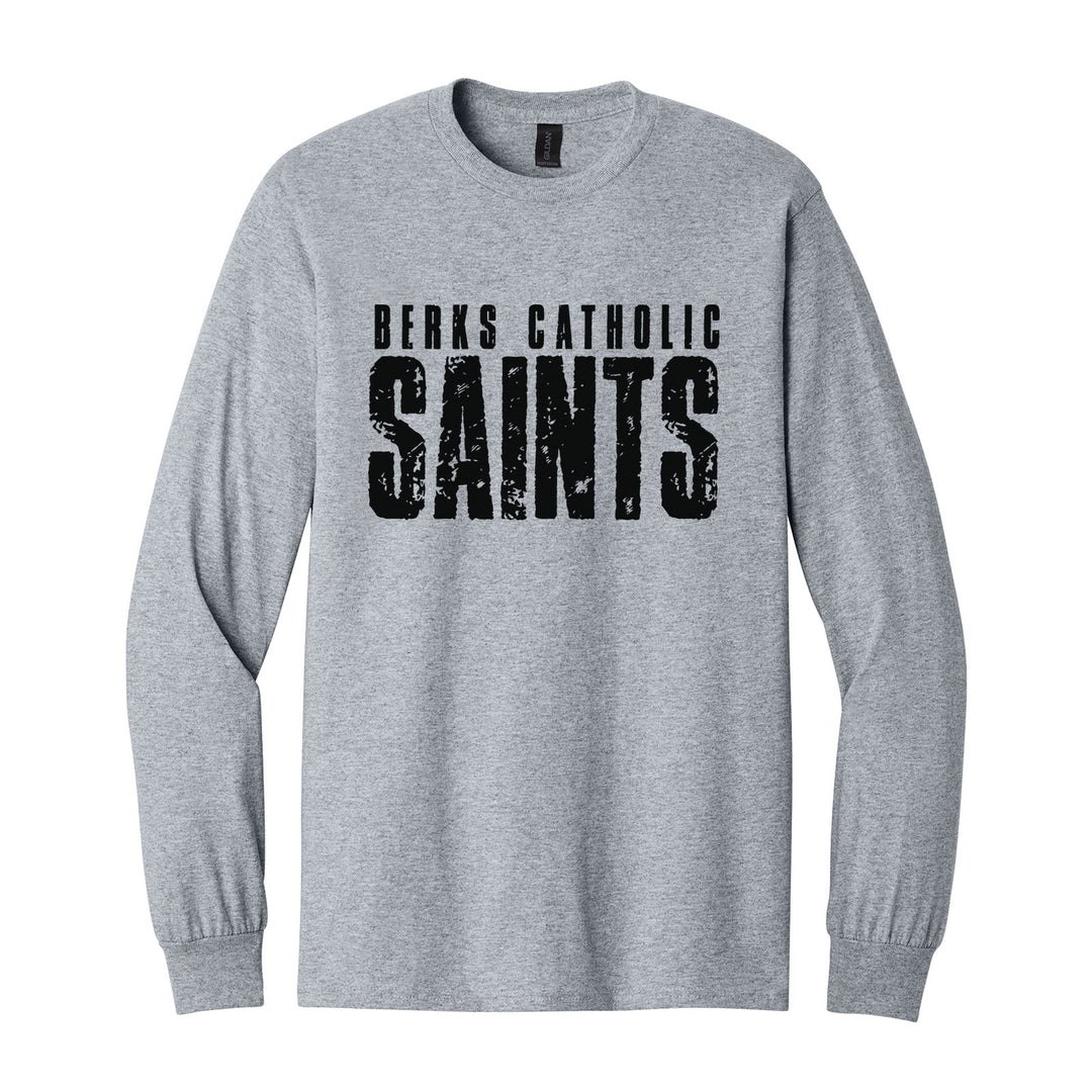 Berks Catholic Saints Distressed Block long sleeve t-shirt in Sport Grey: BERKS CATHOLIC over tall, distressed SAINTS lettering