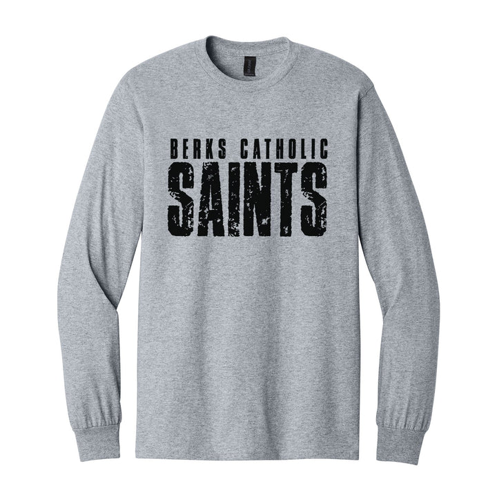 Berks Catholic Saints Distressed Block long sleeve t-shirt in Sport Grey: BERKS CATHOLIC over tall, distressed SAINTS lettering