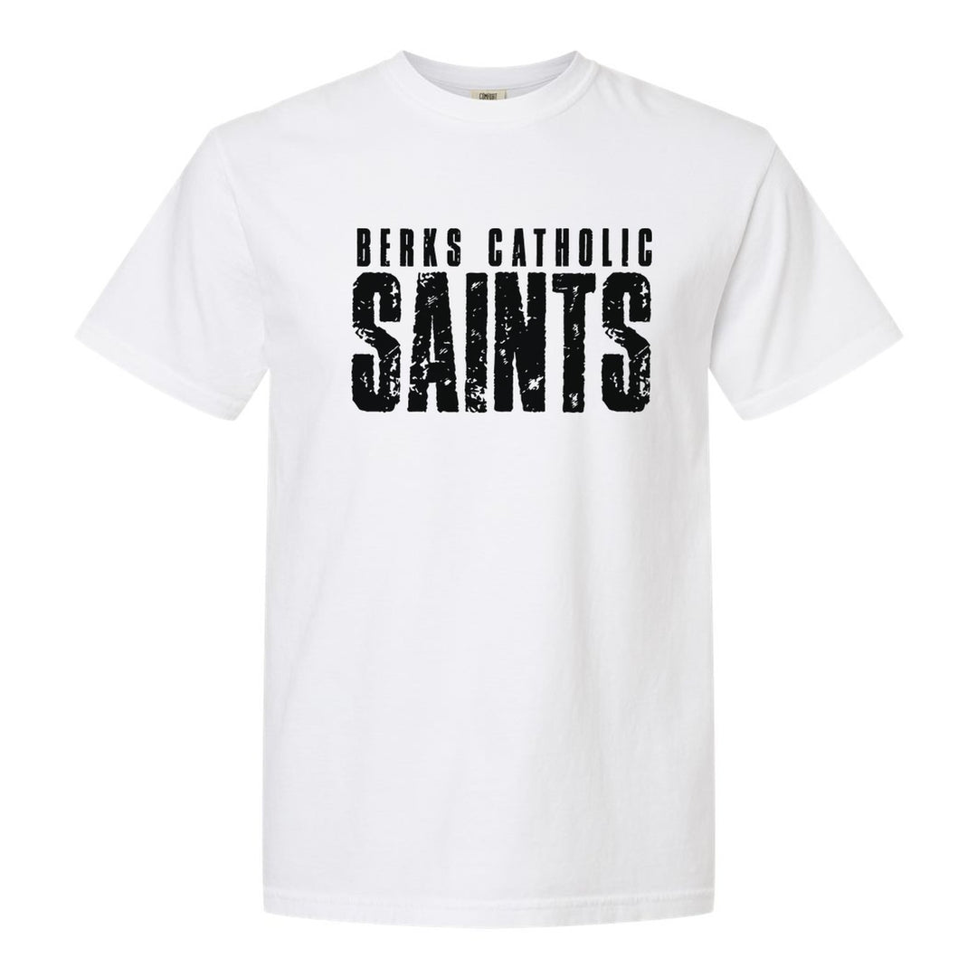 Berks Catholic Saints Distressed Block comfort colors t-shirt in White: BERKS CATHOLIC over tall, distressed SAINTS lettering