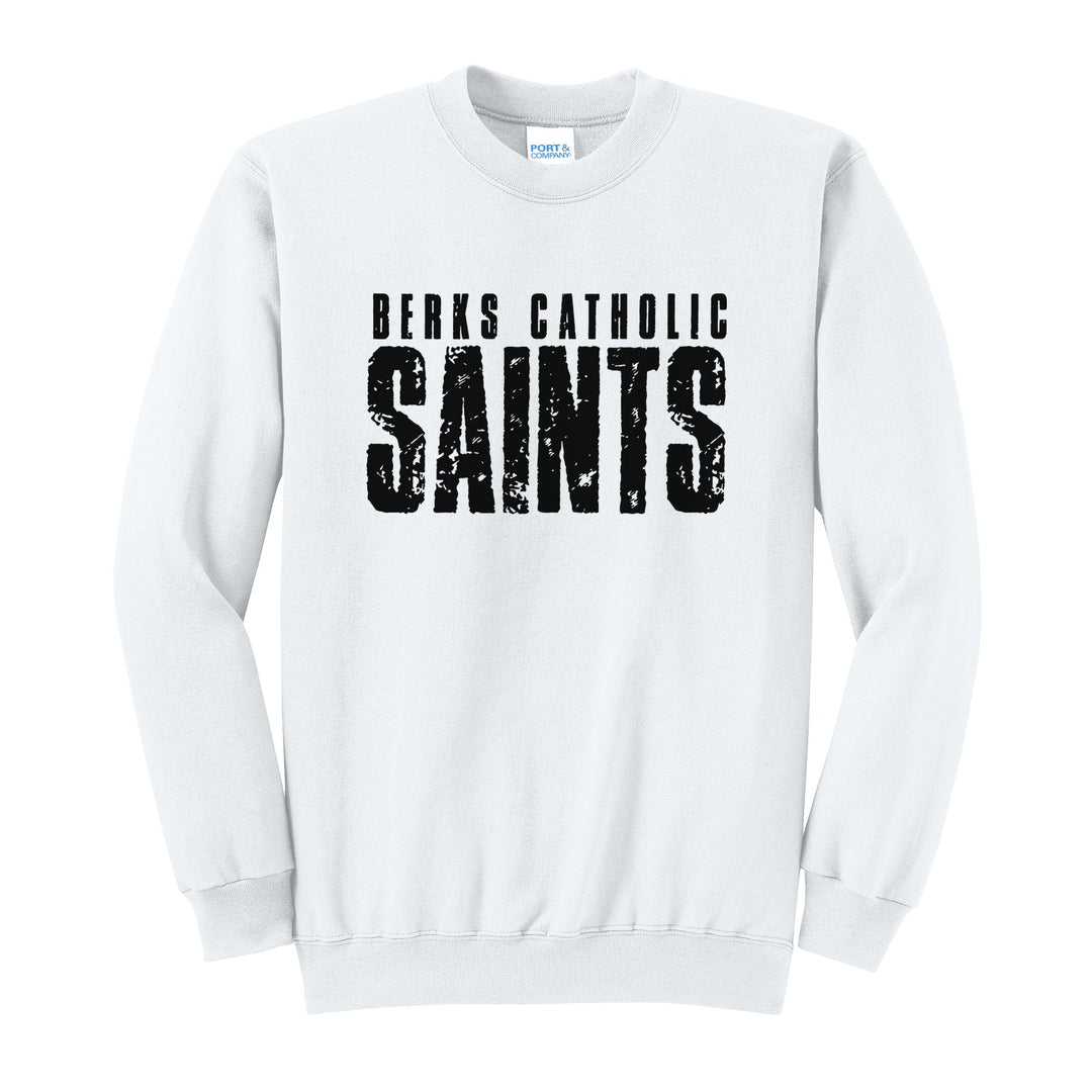 Berks Catholic Saints Distressed Block crewneck sweatshirt in White: BERKS CATHOLIC over tall, distressed SAINTS lettering