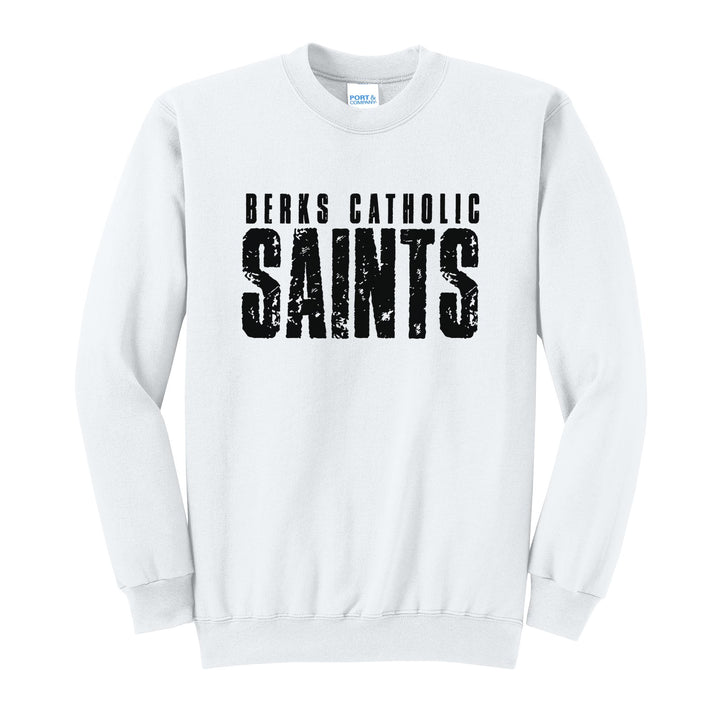 Berks Catholic Saints Distressed Block crewneck sweatshirt in White: BERKS CATHOLIC over tall, distressed SAINTS lettering