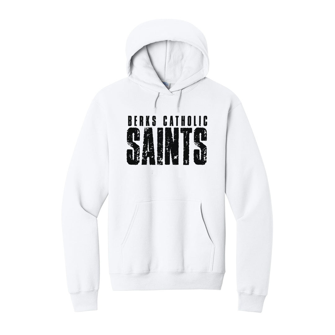 Berks Catholic Saints Distressed Block hoodie in White: BERKS CATHOLIC over tall, distressed SAINTS lettering